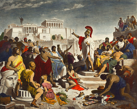 Tabla que muestra a Pericles durante su oración fúnebre. Pericles durante su panegírico.