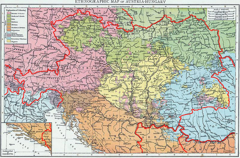 Carte des nationalités en Autriche-Hongrie (recensement de 1890) avec les frontières de l'Empire en 1914.