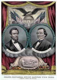 Poster with portraits of Lincoln and Johnson in two medallions next to each other. The background consists of an open red curtain with an eagle and several American flags.