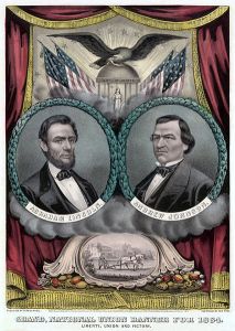Poster con i ritratti di Lincoln e Johnson in due medaglioni affiancati. Lo sfondo è costituito da una tenda rossa aperta con un'aquila e diverse bandiere americane.