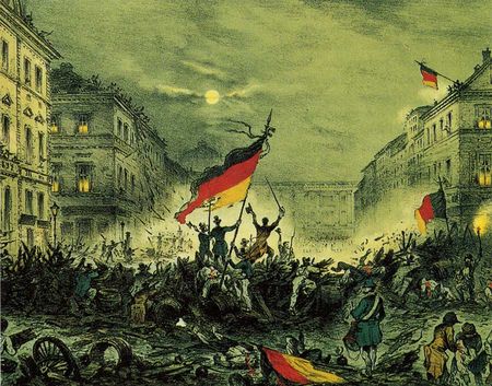 Le tableau a une couleur majoritairement jaune. On reconnait distinctement la ville. 3 révolutionnaires au centre du tableau se dressent sur les barricades et exultent. 4 Drapeaux allemands de grande taille sont présents, dont un au-dessus des trois personnages centraux.